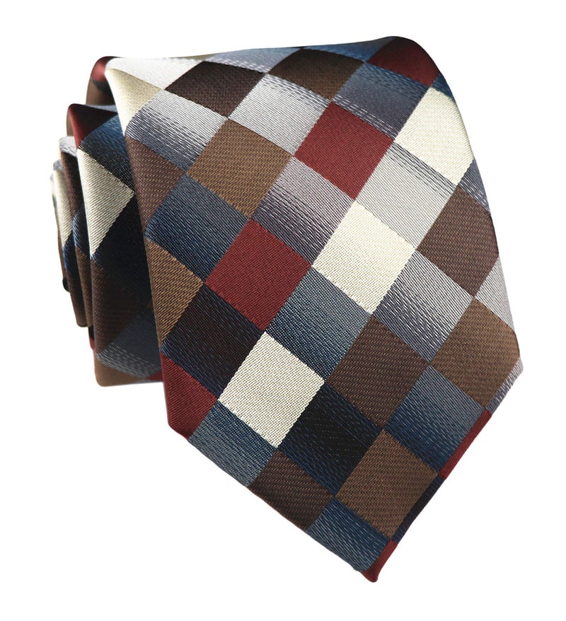 Secdtie Men's Classic Checks Dark Blue Grey Jacquard Woven Silk Tie Necktie (One Size, Brown) - Image 1